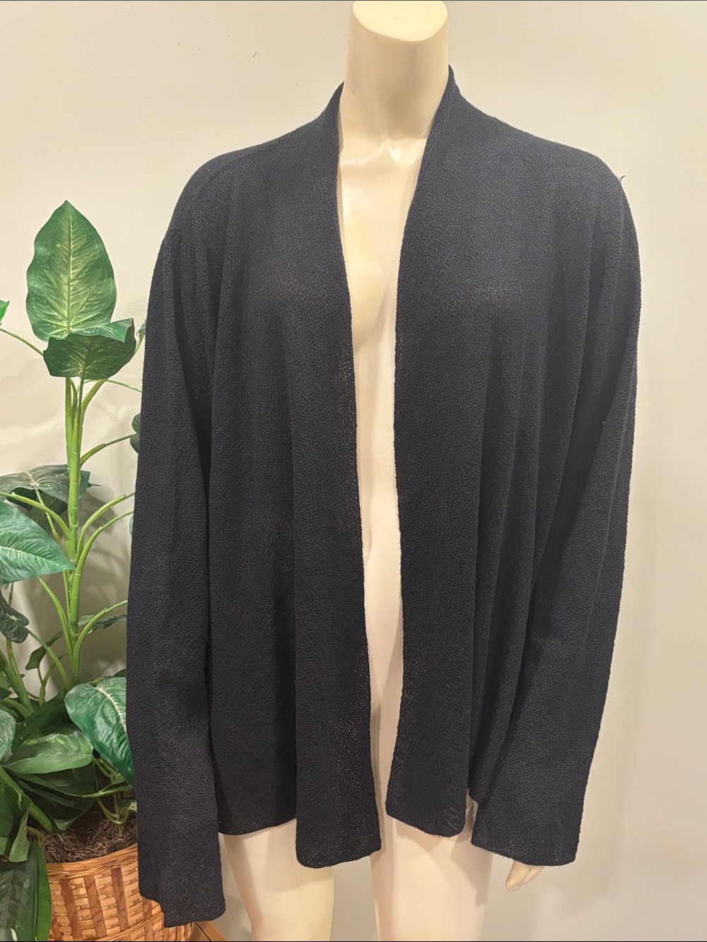 Eileen Fisher Black Italian Wool Open-Front Loosely Knit Cardigan